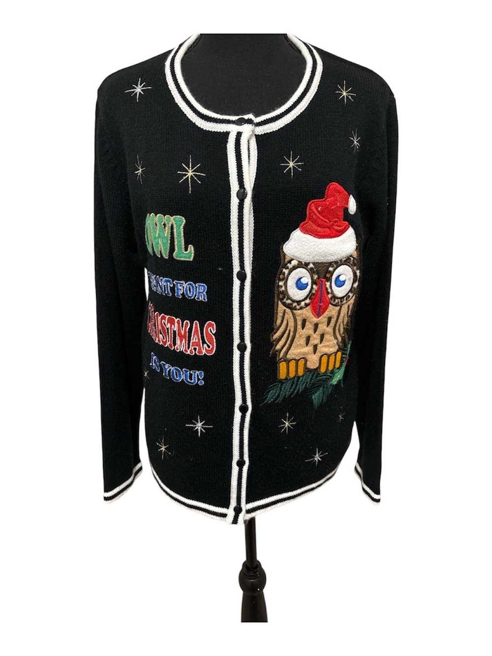Black Festive Owl Embroidered Cardigan Sweater